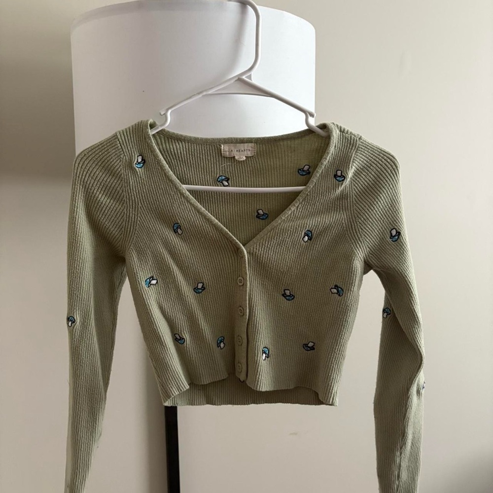 La Hearts Mushroom Embroidered Cropped Cardigan - Light Green